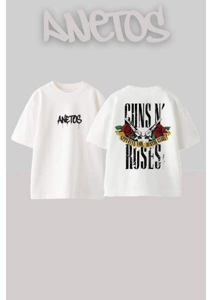 Guns N' Roses 5 Tasarım Sırt Baskılı Pamuk Beyaz Oversize T-Shirt
