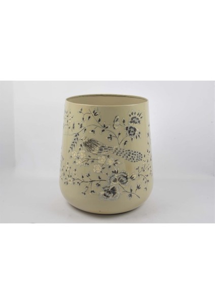 Krem Kuş Desenli Saksı 40X44CM