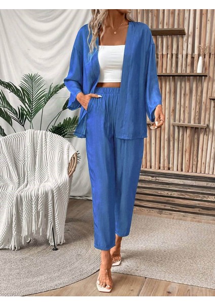 Kadın Uzun Kollu Önü Açık Dokuma Ceket ve Pantolon Ikili Takım fırsatları