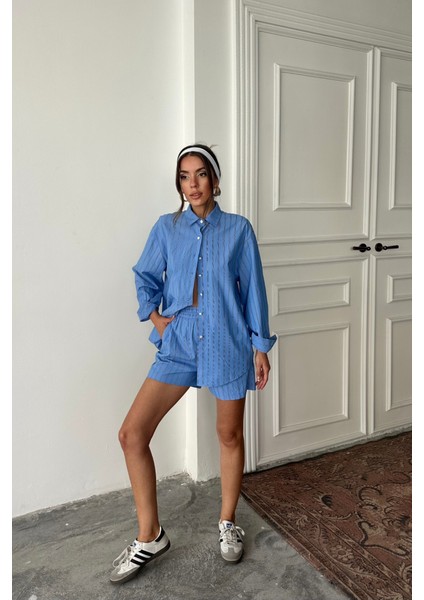 Poplin Çizgili Gömlek - Şort Takım - Mavi modelleri