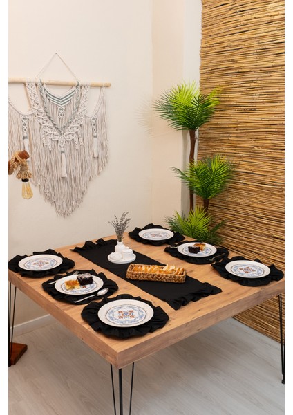 Lira | Siyah 7 Parça Fırfırlı Sofra Sunum Seti 40 x 150