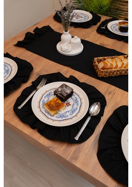 Lira | Siyah 7 Parça Fırfırlı Sofra Sunum Seti 40 x 150