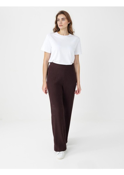Acı Kahve Yüksek Bel Bol Paça Desenli Çizgili Örme Pantolon