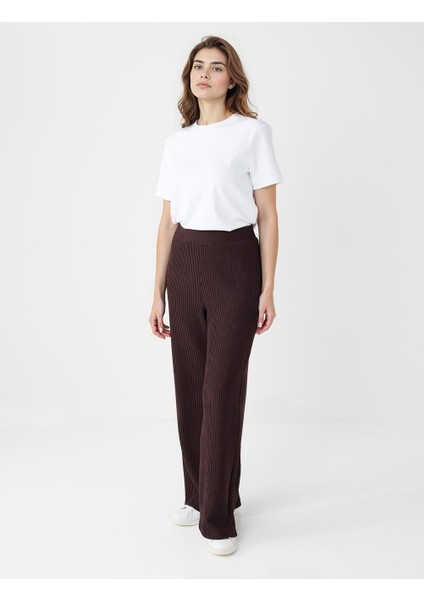 Acı Kahve Yüksek Bel Bol Paça Desenli Çizgili Örme Pantolon fiyatları