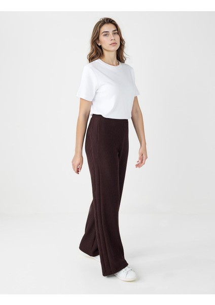 Acı Kahve Yüksek Bel Bol Paça Desenli Çizgili Örme Pantolon modelleri