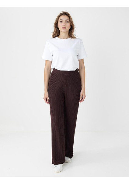 Acı Kahve Yüksek Bel Bol Paça Desenli Çizgili Örme Pantolon fırsatları