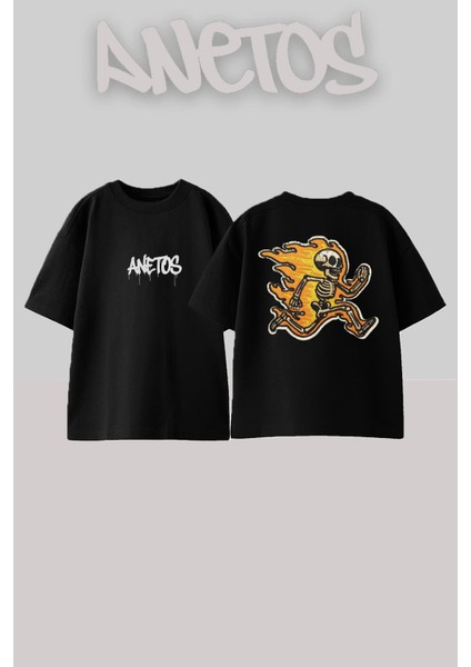 American Retro Iskelet Tasarım Sırt Baskılı Pamuk Siyah Oversize T-Shirt