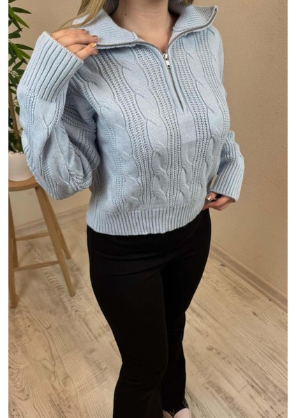Kadın Mavi Fermuarlı Yaka Oversize Örgülü Triko Kazak