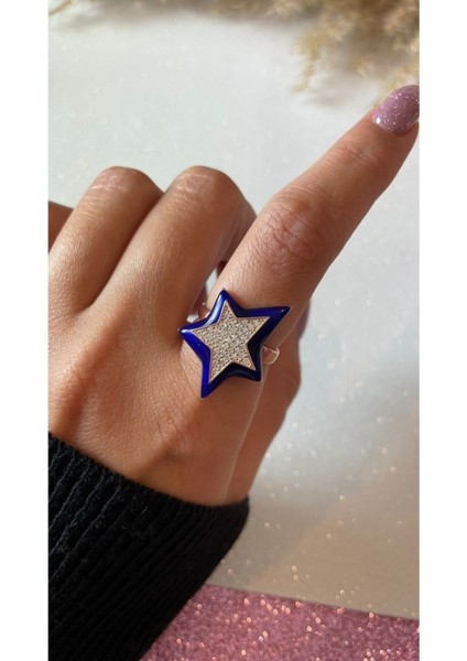 Ayarlanabilir Rose Kaplama Lacivert Mineli Yıldız Figürlü Zirkon Taşlı 925 Ayar Gümüş Yüzük