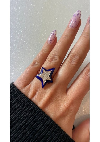 Ayarlanabilir Rose Kaplama Lacivert Mineli Yıldız Figürlü Zirkon Taşlı 925 Ayar Gümüş Yüzük fiyatları