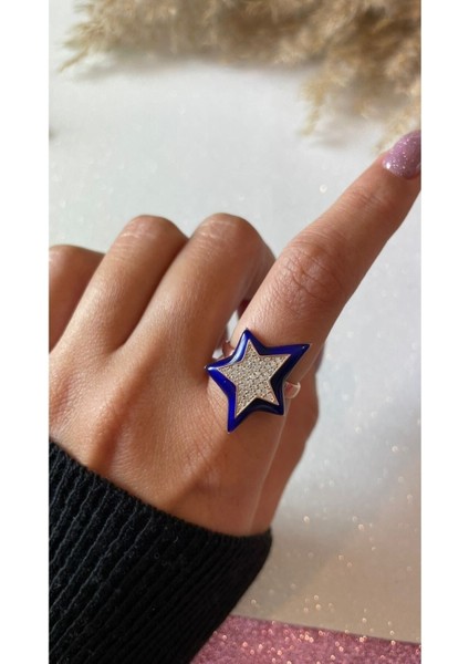 Ayarlanabilir Rose Kaplama Lacivert Mineli Yıldız Figürlü Zirkon Taşlı 925 Ayar Gümüş Yüzük modelleri