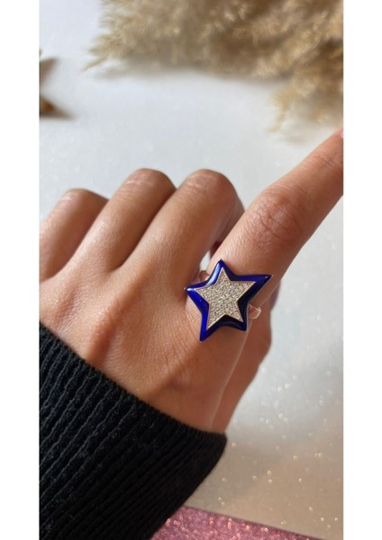 Ayarlanabilir Rose Kaplama Lacivert Mineli Yıldız Figürlü Zirkon Taşlı 925 Ayar Gümüş Yüzük fırsatları