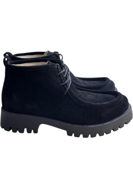 Siyah Hakiki Deri Süet Bağcıklı Bot