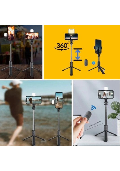 Kendiliğinden Işıklı Masaüstü Tripod Olabilen Telefon Tutuculu Kablosuz Kumandalı Selfie Çubuğu