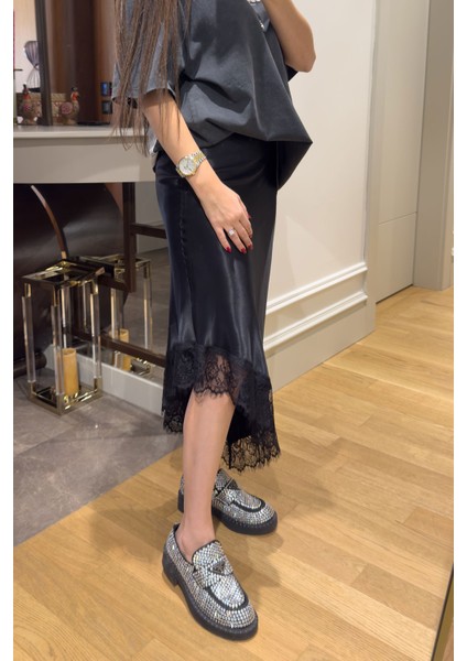 Etek Ucu Dantelli Saten Etek- Siyah fiyatları