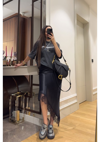 Etek Ucu Dantelli Saten Etek- Siyah fırsatları