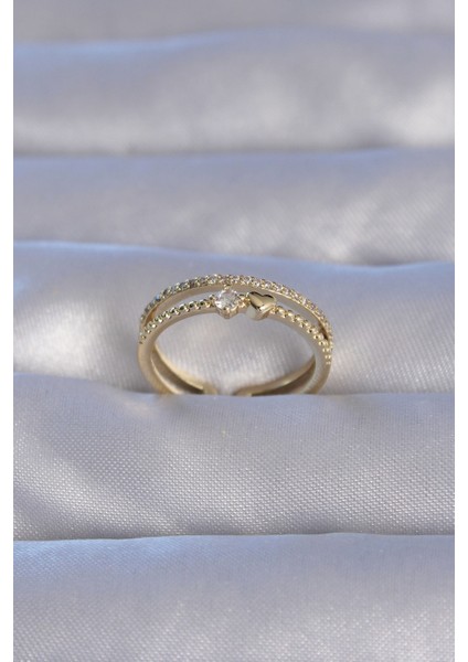 bulurum pirinç gold renk zirkon taşlı kalpli su yolu model ayarlanabilir yüzük