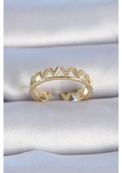 Pirinç Gold Renk Zirkon Taşlı "v" Model Kadın Yüzük - Lisinya