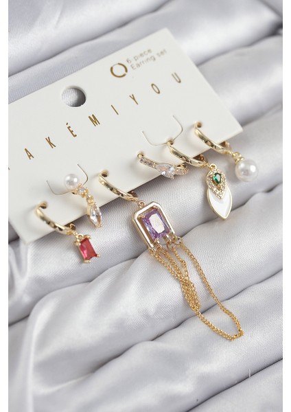 Pirinç Zirkon Taşlı Sallantılı ve Incili Gold Renk 6'lı Küpe Set - Lisinya