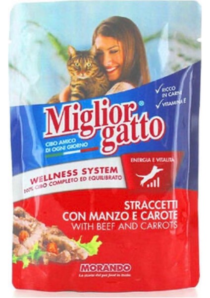 24 Lü Miglior Gatto Pouch Biftek Etli ve Havuçlu Yetişkin Kedi Yaş Maması 100GR