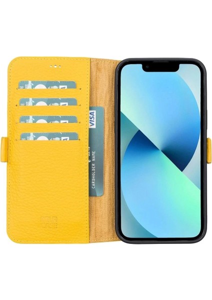 Apple iPhone 13 Pro Max Uyumlu Deri Cüzdanlı Kılıf Limon Sarı
