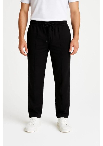 Erkek Keten Pantolon – Cepli, Beli Lastikli ve Bağcıklı, Nefes Alan Rahat Kalıp, Yazlık ve Baharlık Günlük Giyim, Şık & Konforlu Boru Paça Model - Siyah