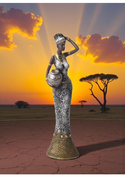 Lüks Işlemeli Geleneksel Yerel Kıyafetli Afrikalı Kadın Heykeli Dekoratif Biblo Ev Ofis Hediyesi Md3