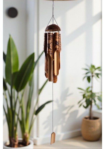 Çiçek Desenli Otantik Coconut Kapaklı El Yapımı Doğal Bambu Rüzgar Çanı 30CM Balkon Dekoru Hediyelik