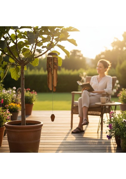 Çiçek Desenli Otantik Coconut Kapaklı El Yapımı Doğal Bambu Rüzgar Çanı 30CM Balkon Dekoru Hediyelik modelleri
