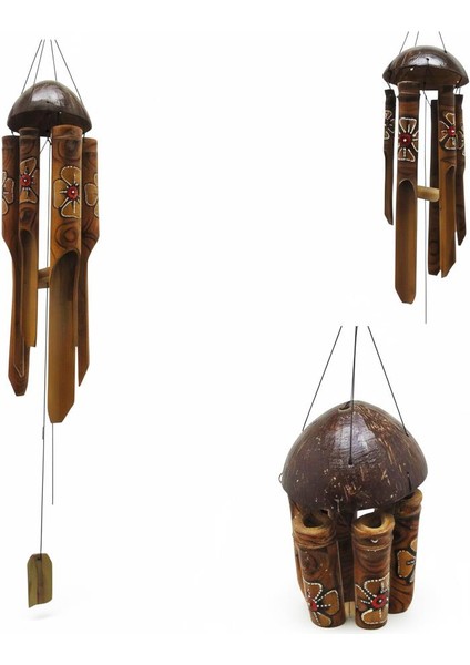 Çiçek Desenli Otantik Coconut Kapaklı El Yapımı Doğal Bambu Rüzgar Çanı 30CM Balkon Dekoru Hediyelik fırsatları