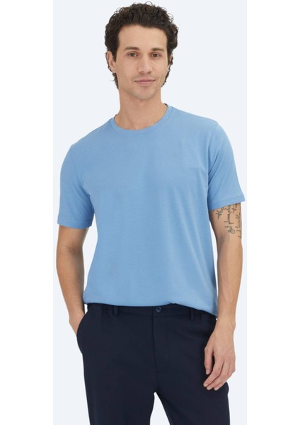 Mavi Düz Bisiklet Yaka %100 Pamuk T-Shirt