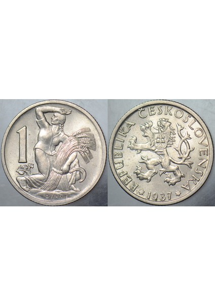 Çekoslovakya 1 Koruna 1937 Çiftçi Kadın Temalı. Çil