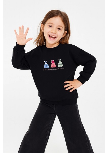 Kız Çocuk Yuvarlak Yaka Siyah Sweatshirt - Prenses Elbiseleri Desenli Nakışlı Çocuk Sweat
