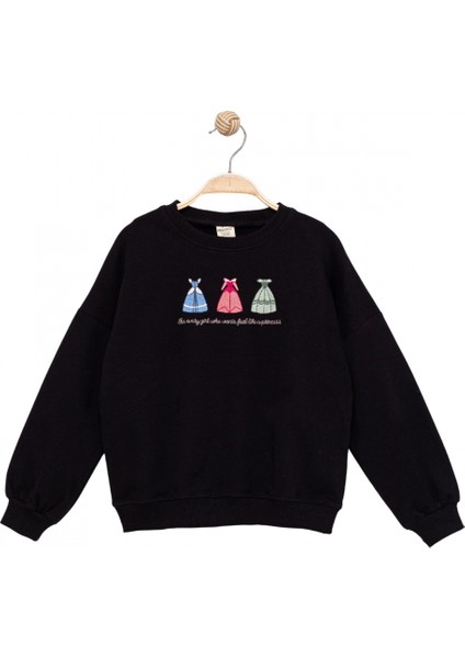 Kız Çocuk Yuvarlak Yaka Siyah Sweatshirt - Prenses Elbiseleri Desenli Nakışlı Çocuk Sweat fiyatları