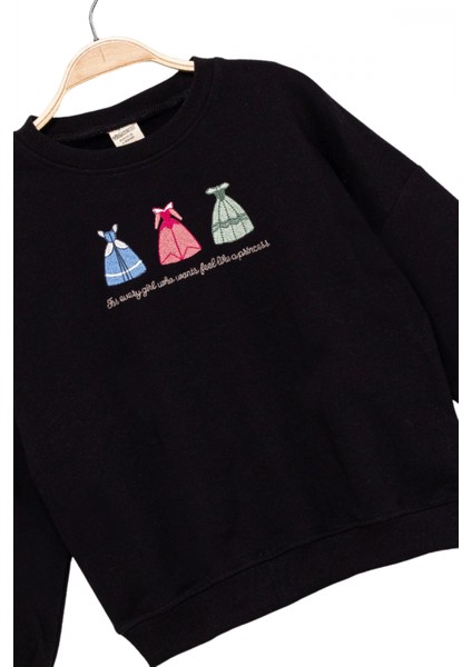 Kız Çocuk Yuvarlak Yaka Siyah Sweatshirt - Prenses Elbiseleri Desenli Nakışlı Çocuk Sweat modelleri