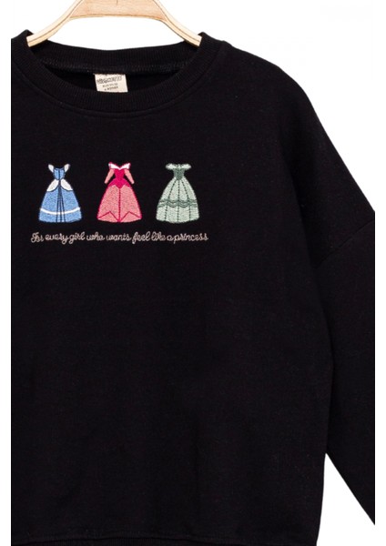 Kız Çocuk Yuvarlak Yaka Siyah Sweatshirt - Prenses Elbiseleri Desenli Nakışlı Çocuk Sweat fırsatları