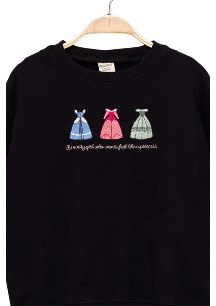 Kız Çocuk Yuvarlak Yaka Siyah Sweatshirt - Prenses Elbiseleri Desenli Nakışlı Çocuk Sweat indirimleri
