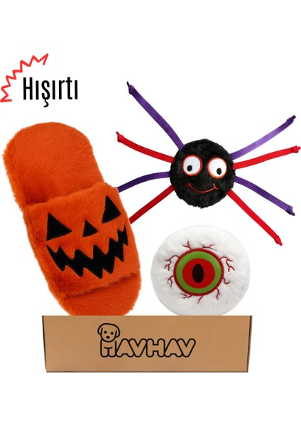 Cadılar Bayramı Temalı Köpek Oyuncak Seti | Hışırtılı Peluş Terlik, Peluş Örümcek ve Göz Oyun Topu