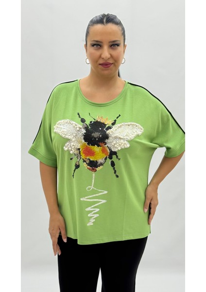 Büyük Beden Arı Motifli Taşlı Inci Detaylı Oversize Kısa Kol Kadın Tişört fiyatları