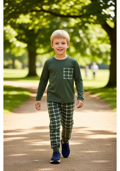Erkek Çocuk Ekose Desenli Bisiklet Yaka Uzun Kollu Pijama Takımı Kaliteli Şık Rahat modelleri