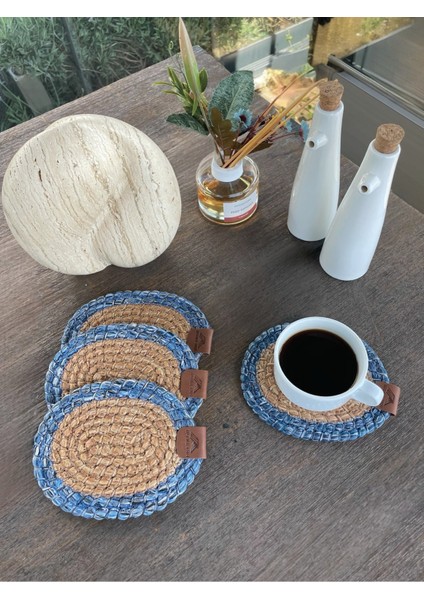 Tekstil 4 Adet Oval Bardak Altlığı- Leke Tutmaz- Naturel-Mavi 13X17 cm