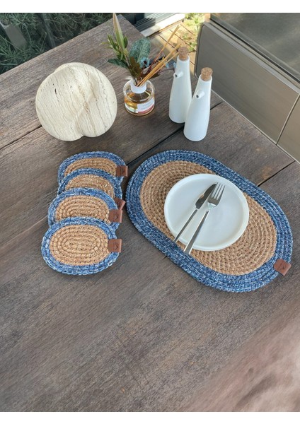 Tekstil 4 Adet Oval Bardak Altlığı- Leke Tutmaz- Naturel-Mavi 13X17 cm fiyatları