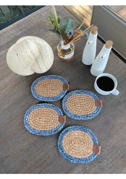 Tekstil 4 Adet Oval Bardak Altlığı- Leke Tutmaz- Naturel-Mavi 13X17 cm modelleri
