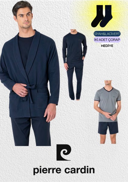 Erkek Giyim 5 Parça Kutulu %100 Pamuk Robdöşambır & Pijama Takımı Set (2 Adet Çorap Hediyeli)