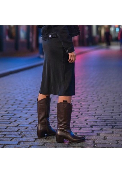 Acı Kahve Taneli Deri Içten Yarım Fermuarlı Orta Topuklu Kadın Western Bot