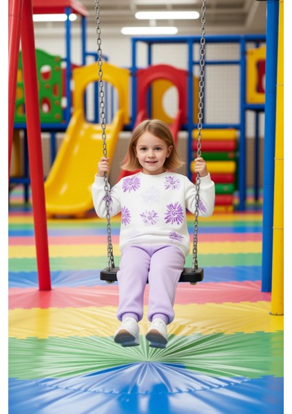 Kız Çocuk Pamuklu Örme Takım Çiçek Baskılı Sweatshirt ve Eşofman Altı Kaliteli Şık Rahat