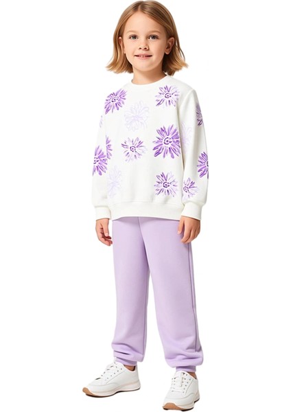 Kız Çocuk Pamuklu Örme Takım Çiçek Baskılı Sweatshirt ve Eşofman Altı Kaliteli Şık Rahat fiyatları