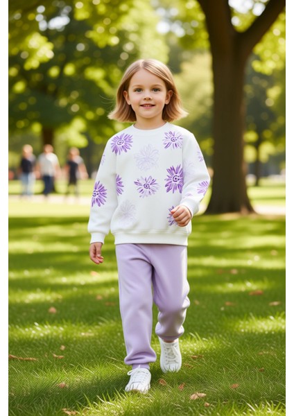 Kız Çocuk Pamuklu Örme Takım Çiçek Baskılı Sweatshirt ve Eşofman Altı Kaliteli Şık Rahat modelleri