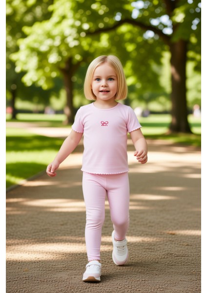 Kız Çocuk Pamuklu Nakışlı Bisiklet Yaka Kısa Kollu Üst ve Flare Paça Tayt Takımı Kaliteli Şık