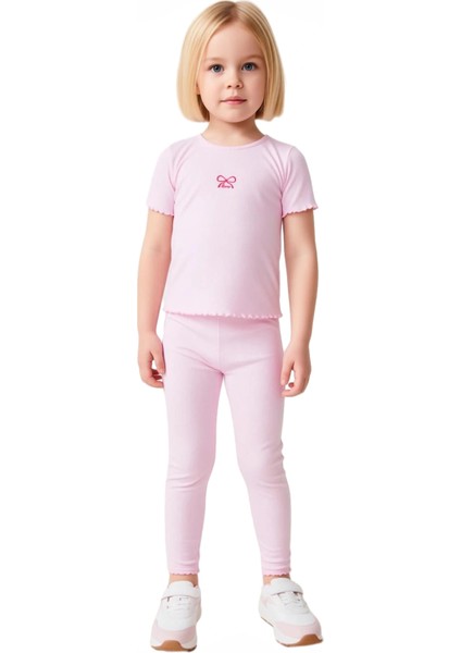 Kız Çocuk Pamuklu Nakışlı Bisiklet Yaka Kısa Kollu Üst ve Flare Paça Tayt Takımı Kaliteli Şık fırsatları